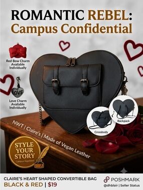 Claire's Heart-Shaped Black‎ Convertible Crossbody Bag to Backpack NWT